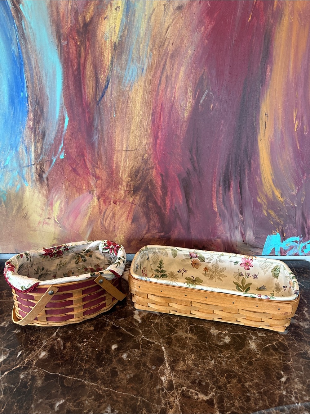 Longaberger Floral Lined Woven Basket Pair - Natural & Burgundy